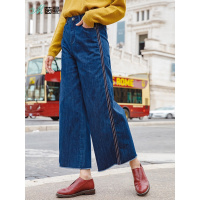茵曼秋装新款纯棉深色简约百搭宽松阔腿裤毛边牛仔裤九分裤女