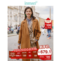 茵曼冬装新款翻领宽松休闲一粒扣毛呢外套中长款双面呢大衣女