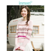 茵曼秋装新款圆领提花喇叭袖宽松套头毛衣女复古文艺针织上衣