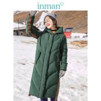 茵曼2018秋装新款撞色连帽时尚条纹织带显瘦长款加厚羽绒服女过膝