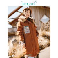 茵曼2018冬装新款混色毛领时尚绣花加厚白鸭绒长款羽绒服女长过膝