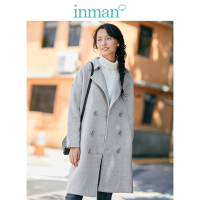茵曼冬装新款简约净色百搭中长款呢外套呢大衣女