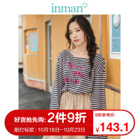 茵曼秋装新款条纹落肩喇叭袖印花针织衫女长袖文艺T恤上衣