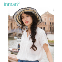 茵曼衬衣纯棉花边V领木耳边文艺范短袖白衬衫女新款套头上衣