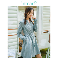 茵曼裙子2019春新款花边V领木耳边文艺小清新淑女收腰显瘦连衣裙