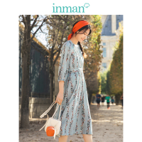 茵曼2019春装新款圆领文艺小清新碎花七分袖中长款法式小众连衣裙