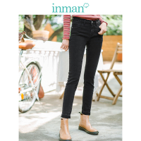 茵曼2019春装新款高腰显瘦复古修身小脚弹力黑色牛仔裤女长裤铅笔
