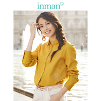 茵曼2019春装新款复古文艺叶子刺绣姜色长袖衬衫女纯棉衬衣上衣