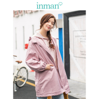茵曼2019春装新款字母刺绣连帽休闲宽松灯笼袖薄风衣外套女中长款
