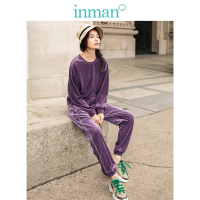 茵曼2019春装新款圆领上衣高腰休闲裤金丝绒卫衣两件套女时尚套装