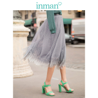 茵曼2019春装新款高腰文艺波点蕾丝仙女纱裙百褶A字裙半身中长裙