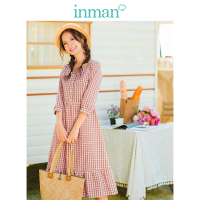 茵曼2019春装新款V领文艺田园风七分袖荷叶摆高腰格子连衣裙粉色