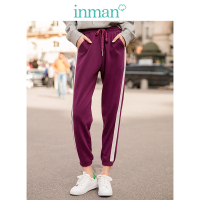茵曼2019春装新款高腰侧边条纹宽松运动休闲卫衣裤女束脚九分裤子