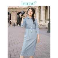 茵曼2019春装新款翻领文艺复古收腰显瘦休闲七分袖牛仔连衣裙女