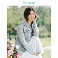 茵曼2019春装新款翻领文艺绣花复古水洗做旧休闲短款牛仔外套女