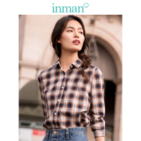 茵曼2019春装新款翻领复古格纹文艺英伦风百搭休闲长袖衬衣衬衫女