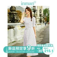 茵曼2019春装新款文艺法式波点收腰圆领短袖A字复古连衣裙女长款