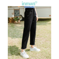 茵曼2019春装新款高腰显瘦简约复古毛边裤脚文艺休闲直筒九分裤女