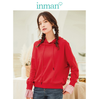 茵曼2019春装新款时尚百搭拼接荷叶袖学生减龄短款套头连帽卫衣女