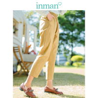 茵曼裤子2019春装新款芥色松紧高腰休闲裤女萝卜裤锥形裤九分裤