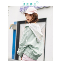 茵曼2019春装新款皱褶收拢蝙蝠袖撞色连帽拉链开衫短外套女薄荷绿