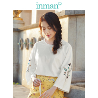 茵曼T恤女2019春装新款圆领文艺绣花开叉摆宽松九分袖小清新上衣