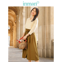 茵曼2019春装新款圆领文艺复古配腰带显瘦撞色拼接假两件连衣裙女