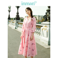 茵曼2019春装新款V领文艺碎花复古度假风配腰带显瘦A字连衣裙女