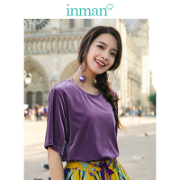 茵曼T恤女2019春装新款丝绒灯芯绒圆领复古文艺休闲显瘦短袖上衣