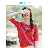 茵曼T恤女2019春装新款圆领文艺绣花毛边田园休闲显瘦中袖上衣