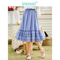 茵曼2019春装新款高腰显瘦文艺小清新条纹优雅荷叶边半身裙中长裙