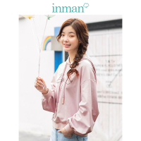 茵曼2019春装新款连帽休闲学生字母刺绣宽松灯笼袖卫衣女短款套头