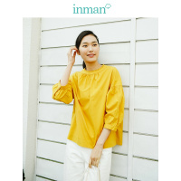 茵曼2019棉素系列春装新款日系文艺范木耳边圆领套头衬衫女泡泡袖