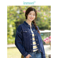 茵曼2019春装新款翻领复古深蓝色短款牛仔外套女修身小个子夹克衫