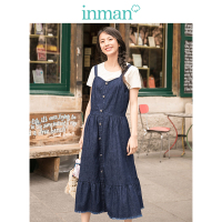 茵曼2019春装新款圆领短袖T恤吊带牛仔连衣裙长裙文艺两件套女
