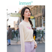 茵曼2019春装新款花边半高领文艺范复古绣花修身套头毛衣女小清新