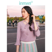 茵曼T恤女2019春装新款圆领系带七分袖文艺淑女百搭花瓣袖上衣