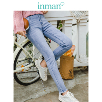 茵曼2019春装新款高腰复古港风显瘦磨白做旧弹力紧身小脚牛仔裤女