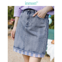 茵曼2019春装新款高腰显瘦复古休闲百搭拼接假两件牛仔裙短裙女