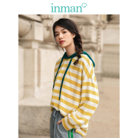 茵曼2019春装新款落肩袖撞色连帽减龄白条纹宽松卫衣女套头学生