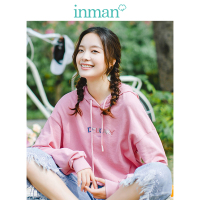 茵曼2019春装新款连帽英文绣花韩版学生宽松百搭长袖粉色卫衣女