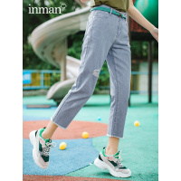 茵曼裤子女2019夏季新款文艺清新毛边九分高腰宽松破洞牛仔裤女