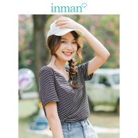 茵曼T恤女2019夏装新款文艺清新V领基础款横条纹短袖修身上衣