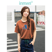 茵曼2019春装新款圆领文艺休闲百搭宽松落肩短袖刺绣T恤女夏天
