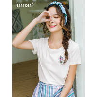 茵曼T恤2019夏装新款圆领文艺绣花百搭休闲学生韩版短袖宽松女衫