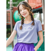 茵曼格子T恤女2019夏装新款文艺小清新宽松休闲百搭印花短袖上衣