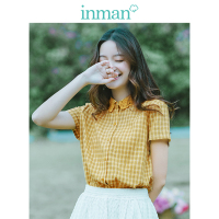茵曼2019夏装新款清新复古港味镂空翻领棉麻短袖格子衬衫女衬衣