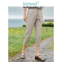 茵曼裤子2019夏装新款亚麻中腰复古文艺抽绳休闲裤七分裤萝卜裤女