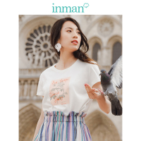 茵曼T恤女2019春装新款文艺清新印花纯棉圆领短袖宽松休闲上衣