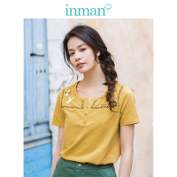 茵曼T恤女2019夏装新款圆领文艺绣花民族风复古显瘦短袖刺绣上衣